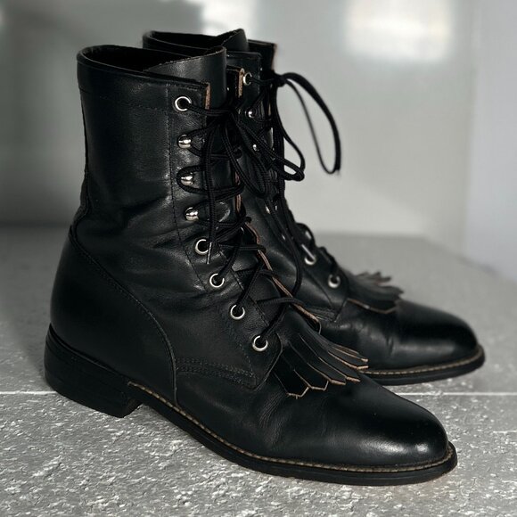 Justin SZ 8 Mckean 7" Black Leather Lace-Up Roper Boot Cottage Western Prairie - Picture 7 of 15